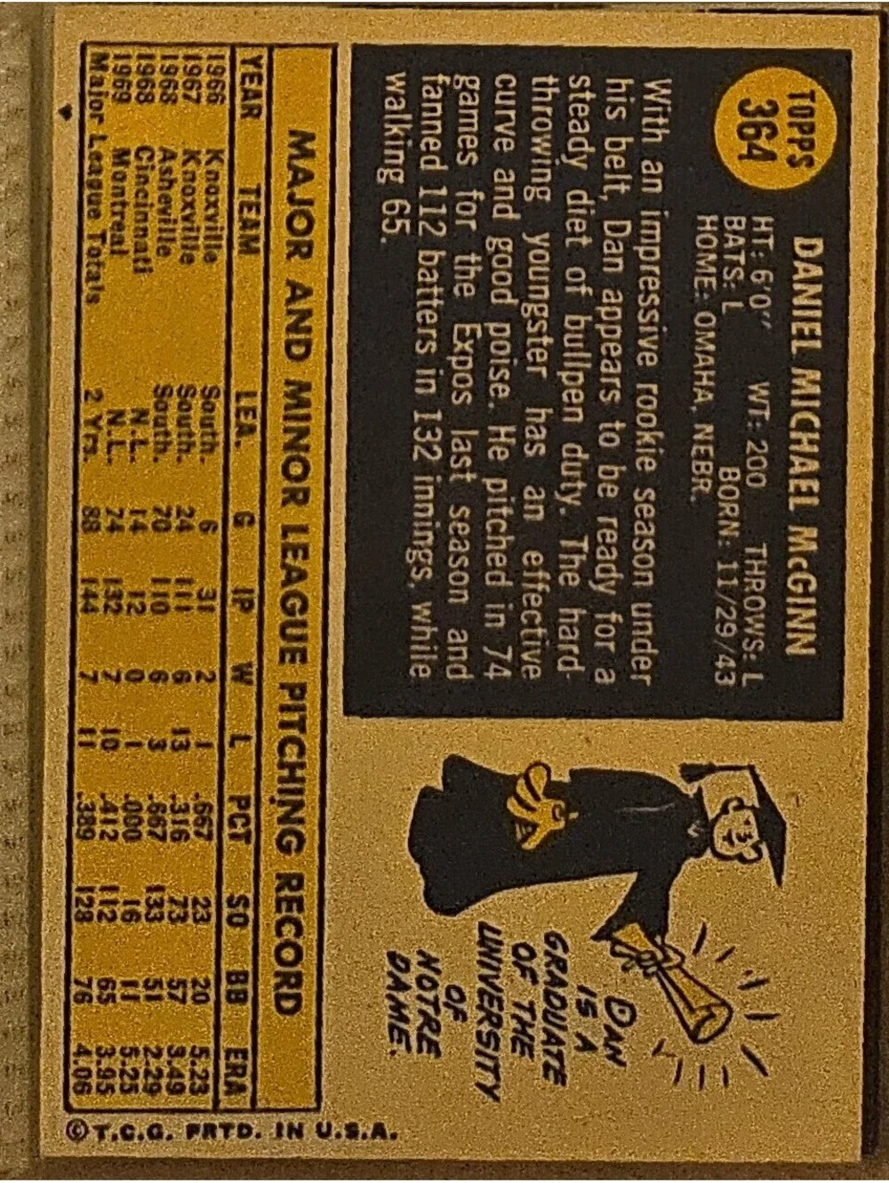1970 Topps #364 Dan McGinn Montreal Expos Baseball Card - As is